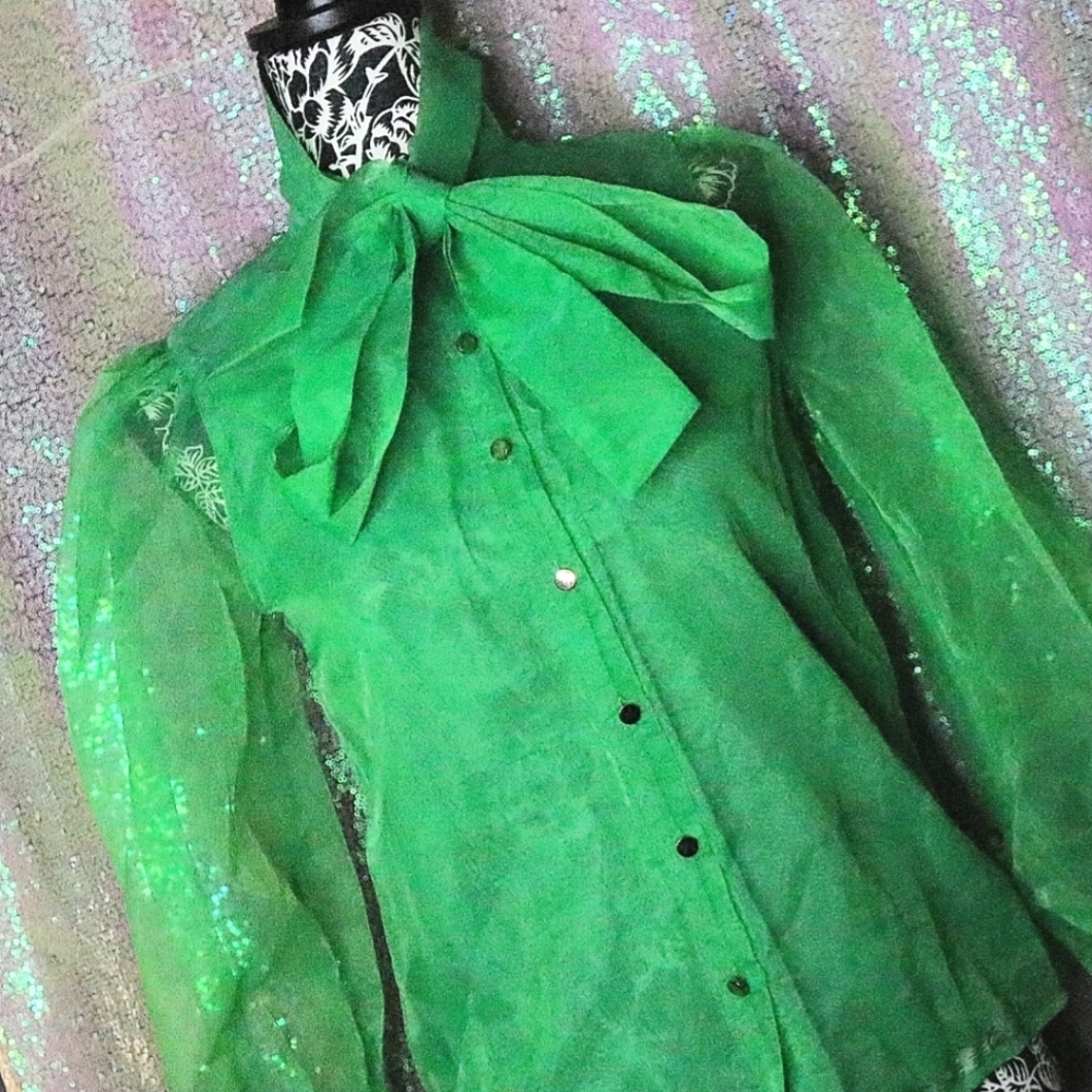 SHEIN Green Sheer Scarf Bow Blouse Long Puff Sleeve Button Front Top XS St Pats